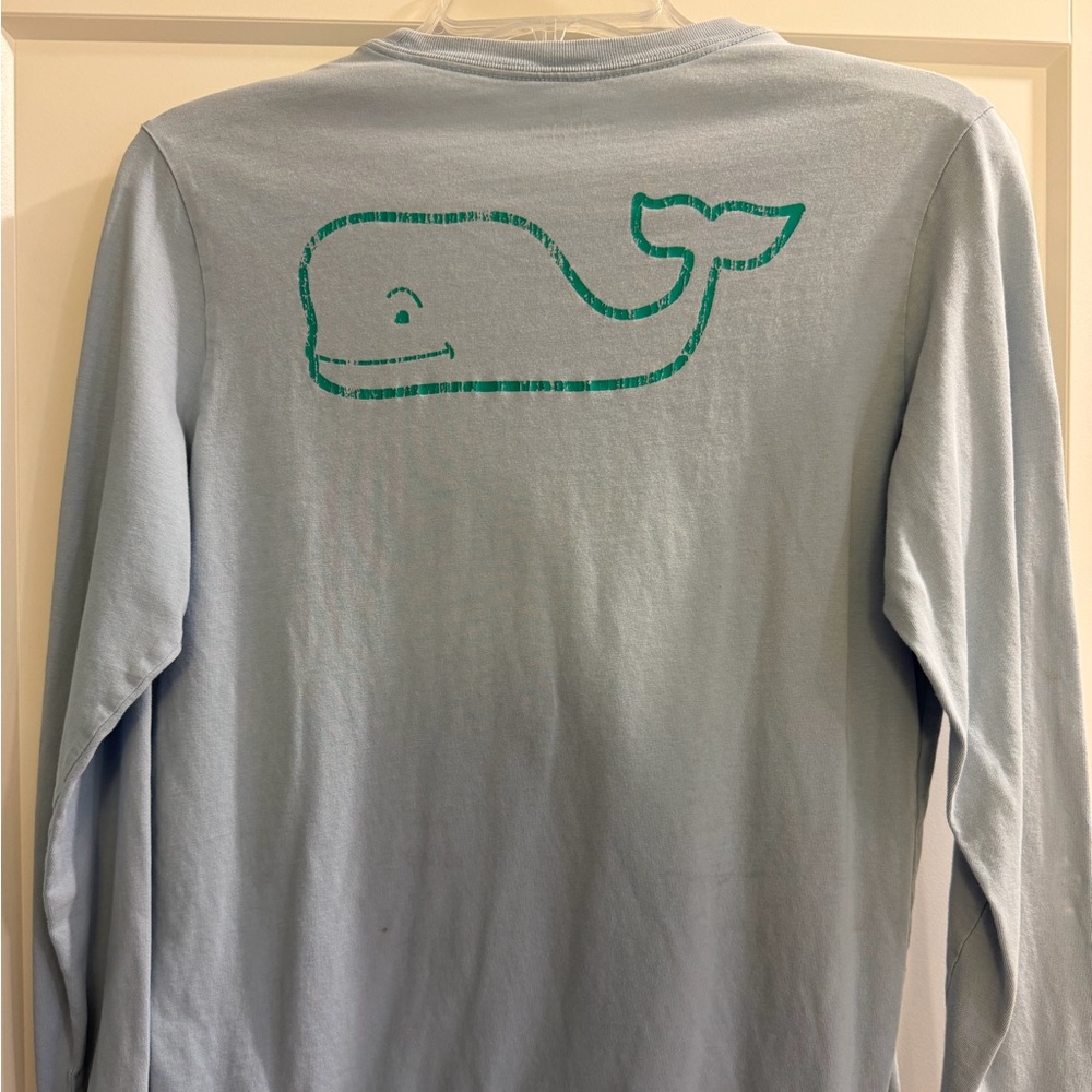 Vineyard Vibes light blue long-sleeve tee with whale outline